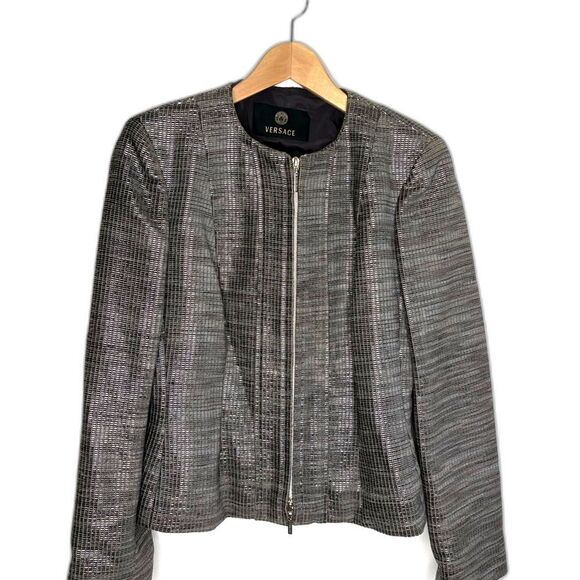 Versace Textured Silver Metallic Velvet Brocade Zipper Eve Jacket 42 6 Couture - Picture 1 of 10